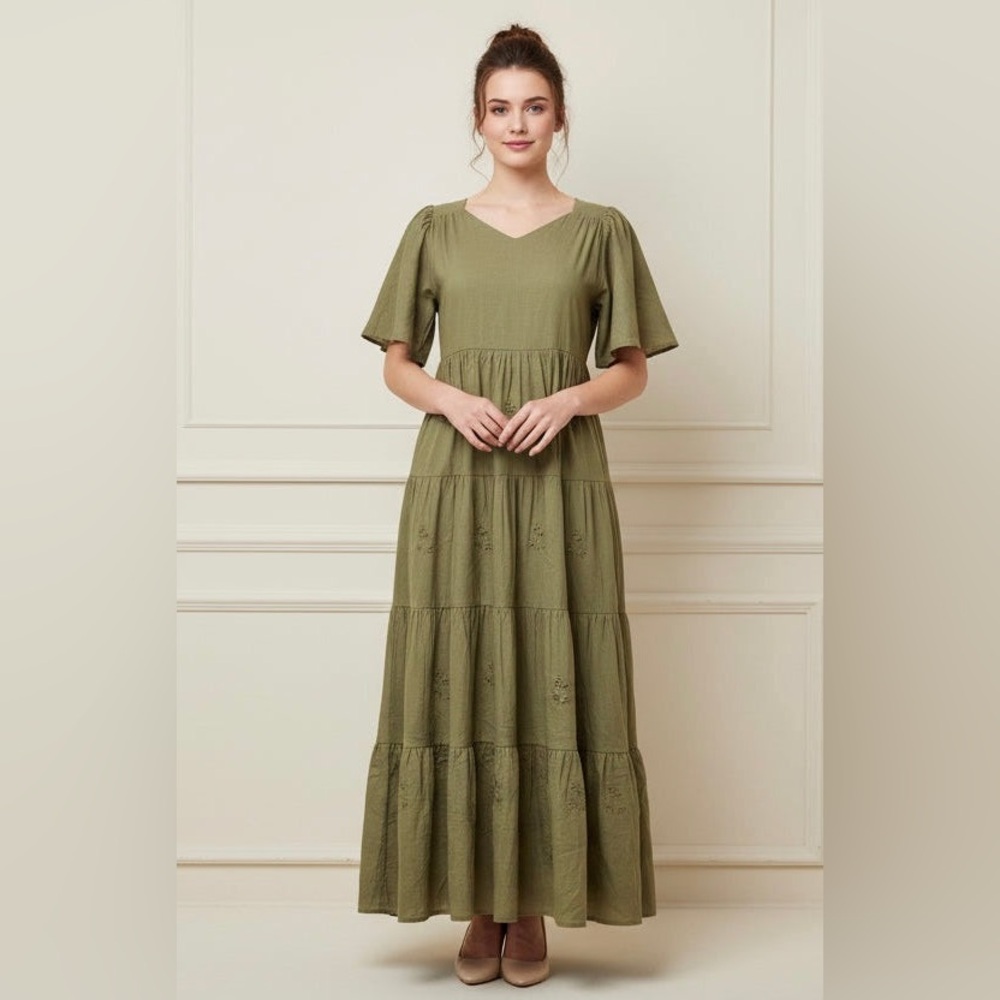 Olive Tiered V-Neck Maxi Dress with Flutter Sleeves